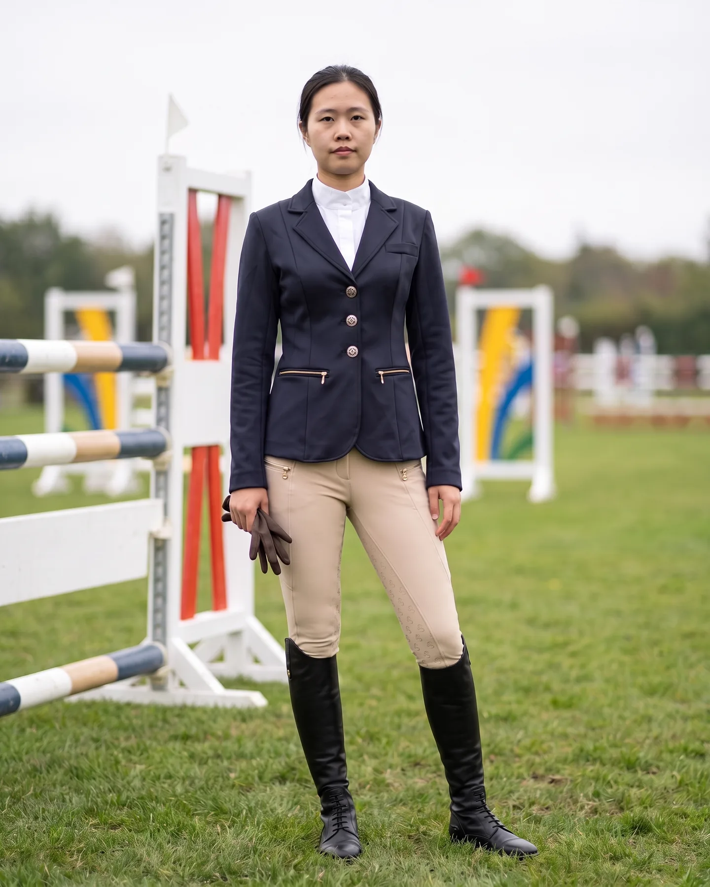 Cavalière en tenue de concours complète : veste marine à trois boutons, chemise blanche, pantalon beige (illustration générée par IA d’après nos échantillons)