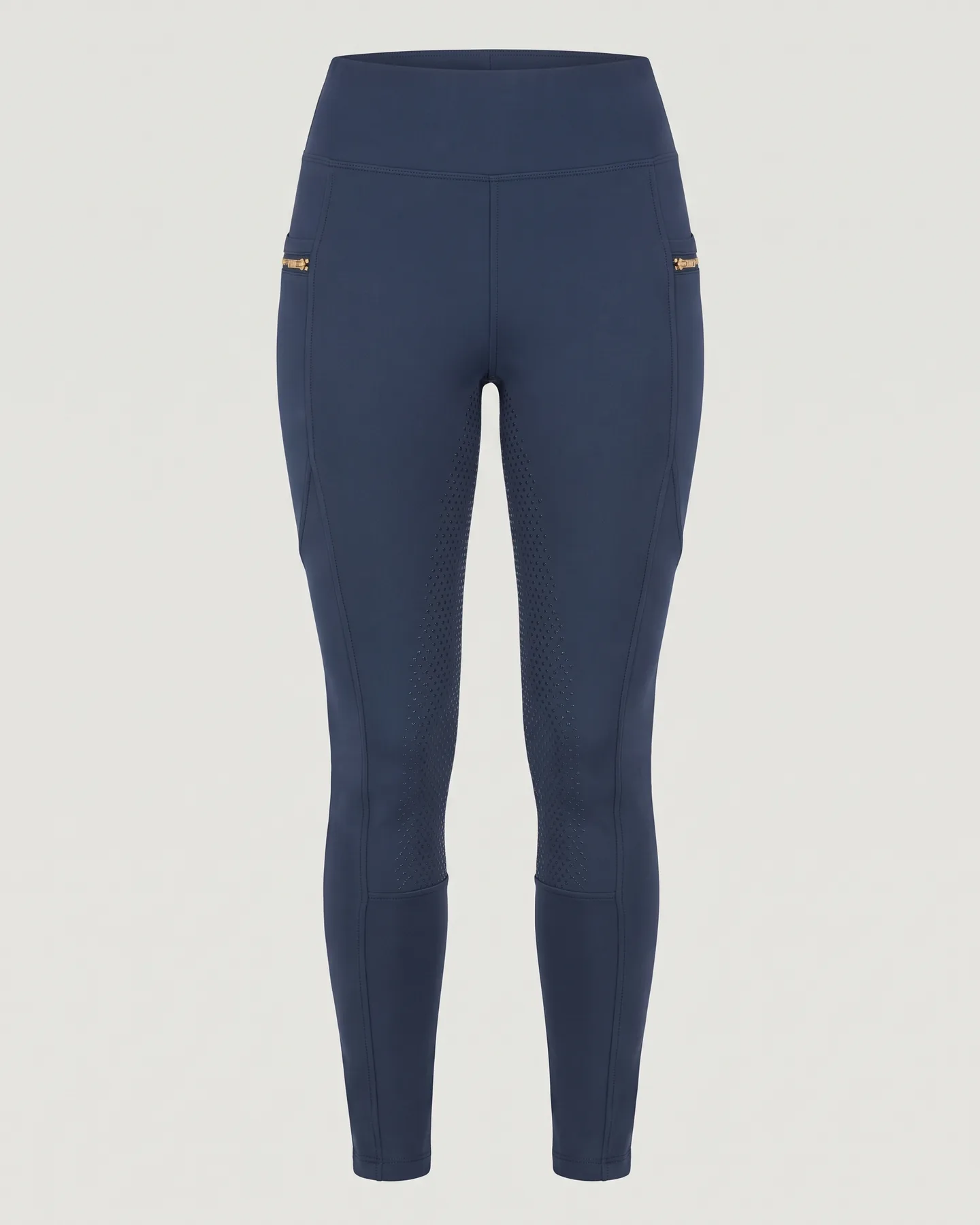 Legging d’équitation marine à ceinture haute, poches téléphone et grip intégral (illustration générée par IA d’après notre échantillon)