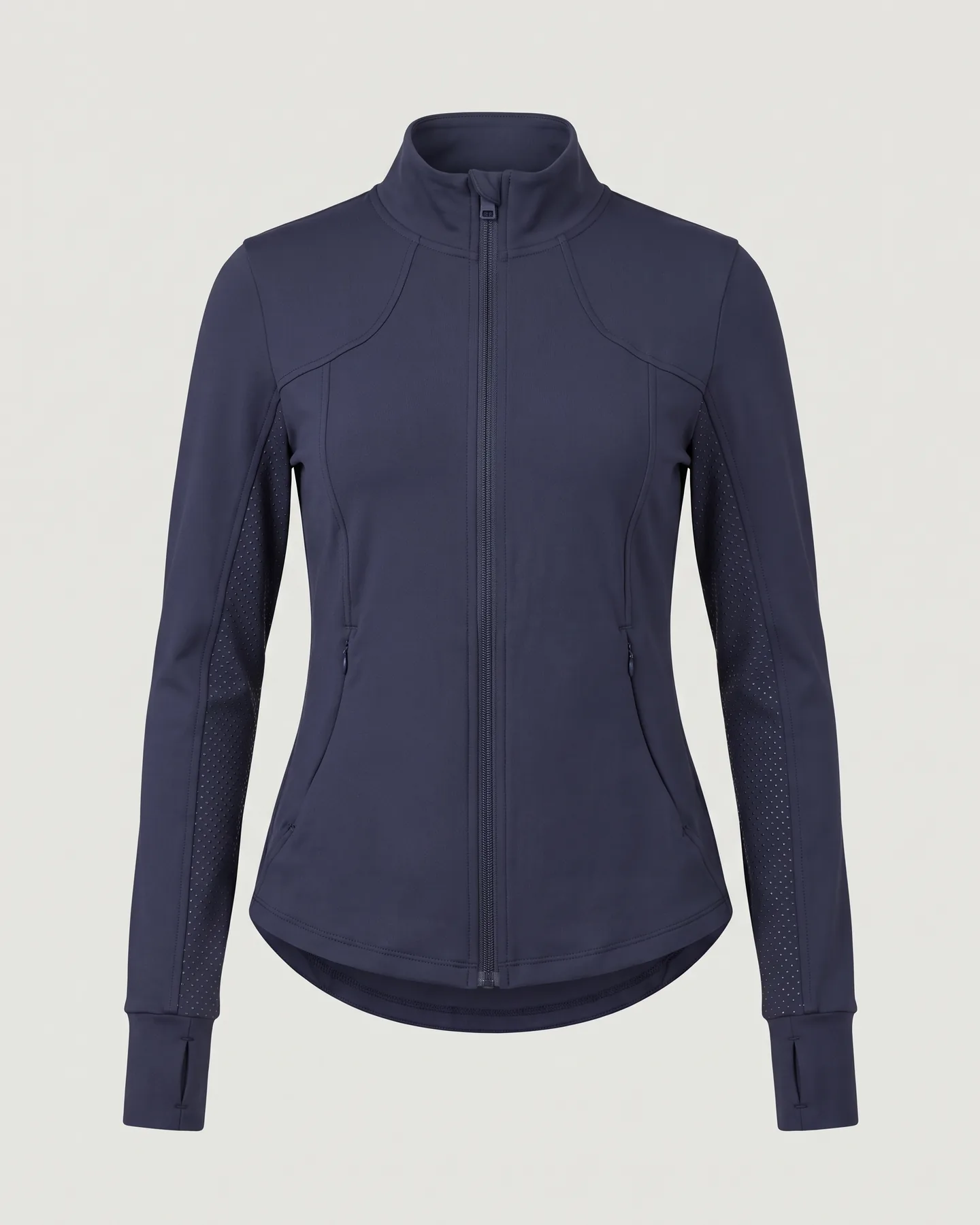 Veste d’équitation marine ajustée, zip intégral et col montant (illustration générée par IA d’après notre échantillon)