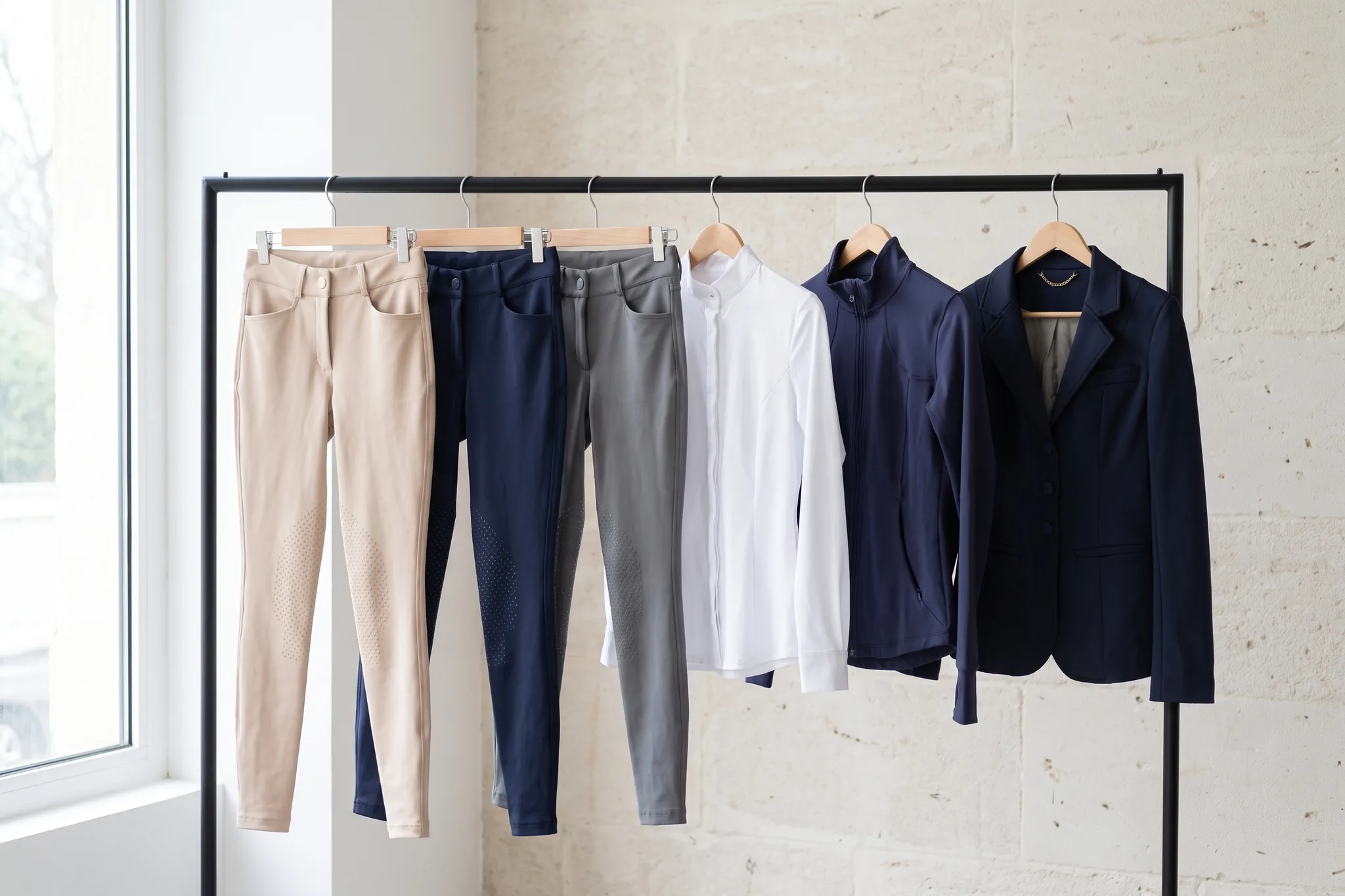 Portant de showroom avec pantalons d’équitation, chemise de concours, haut technique et veste de concours (illustration générée par IA d’après nos échantillons)