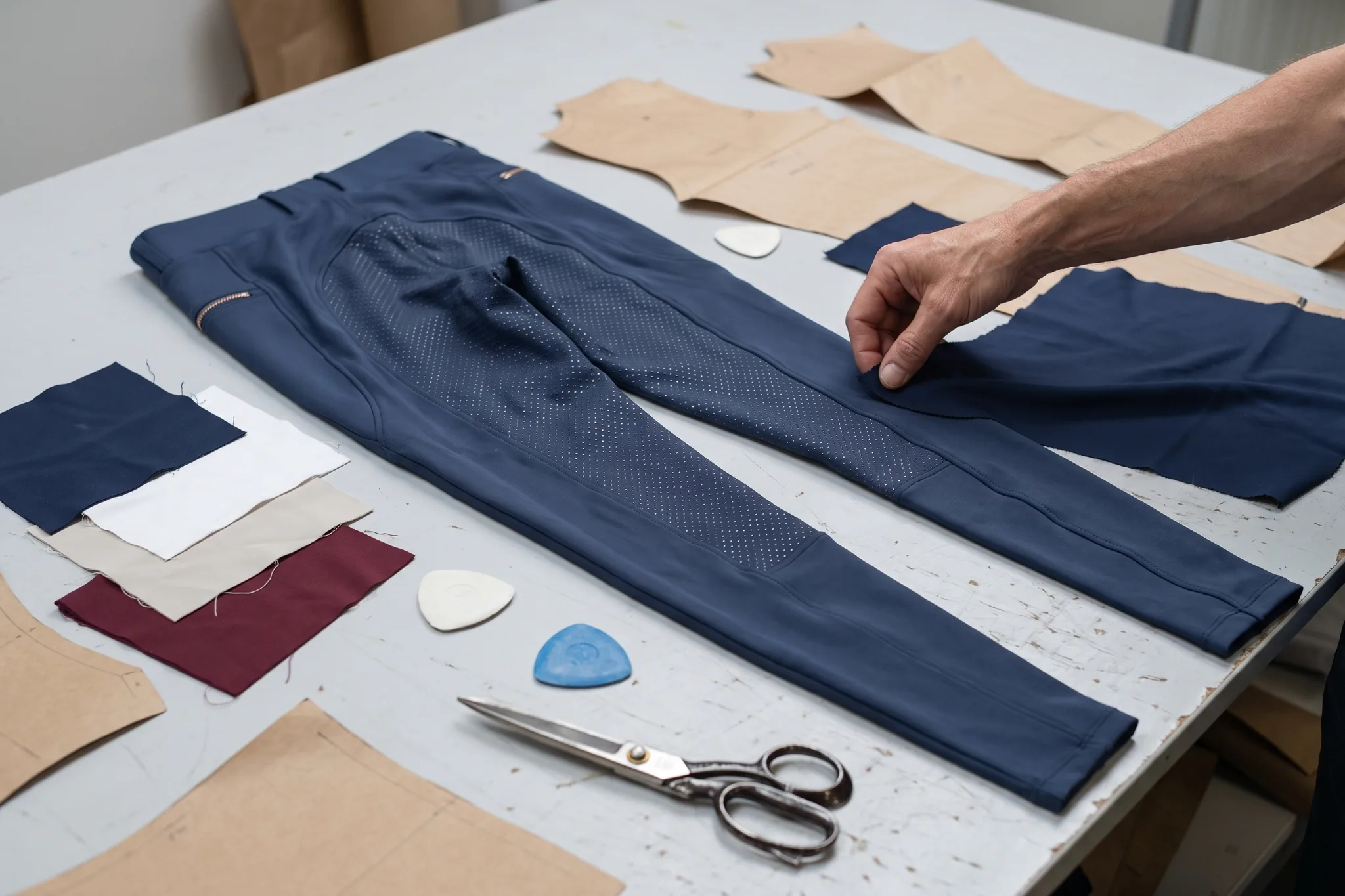 Table de développement : échantillon de pantalon marine, échantillons de tissu, patrons en papier et craie de tailleur (illustration générée par IA)