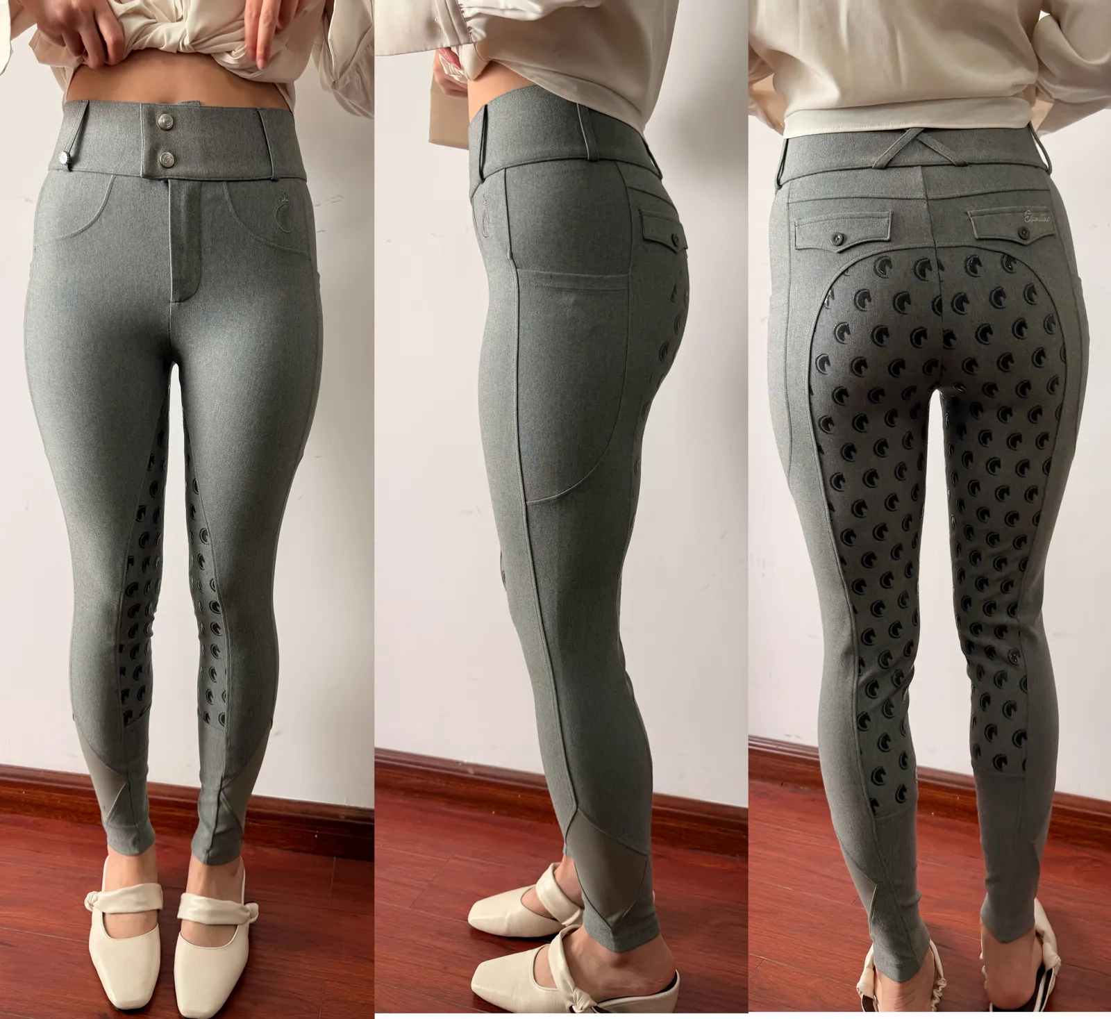 Photo réelle : échantillon de pantalon d’équitation gris à grip intégral d’une commande client, à l’essayage de face, de profil et de dos