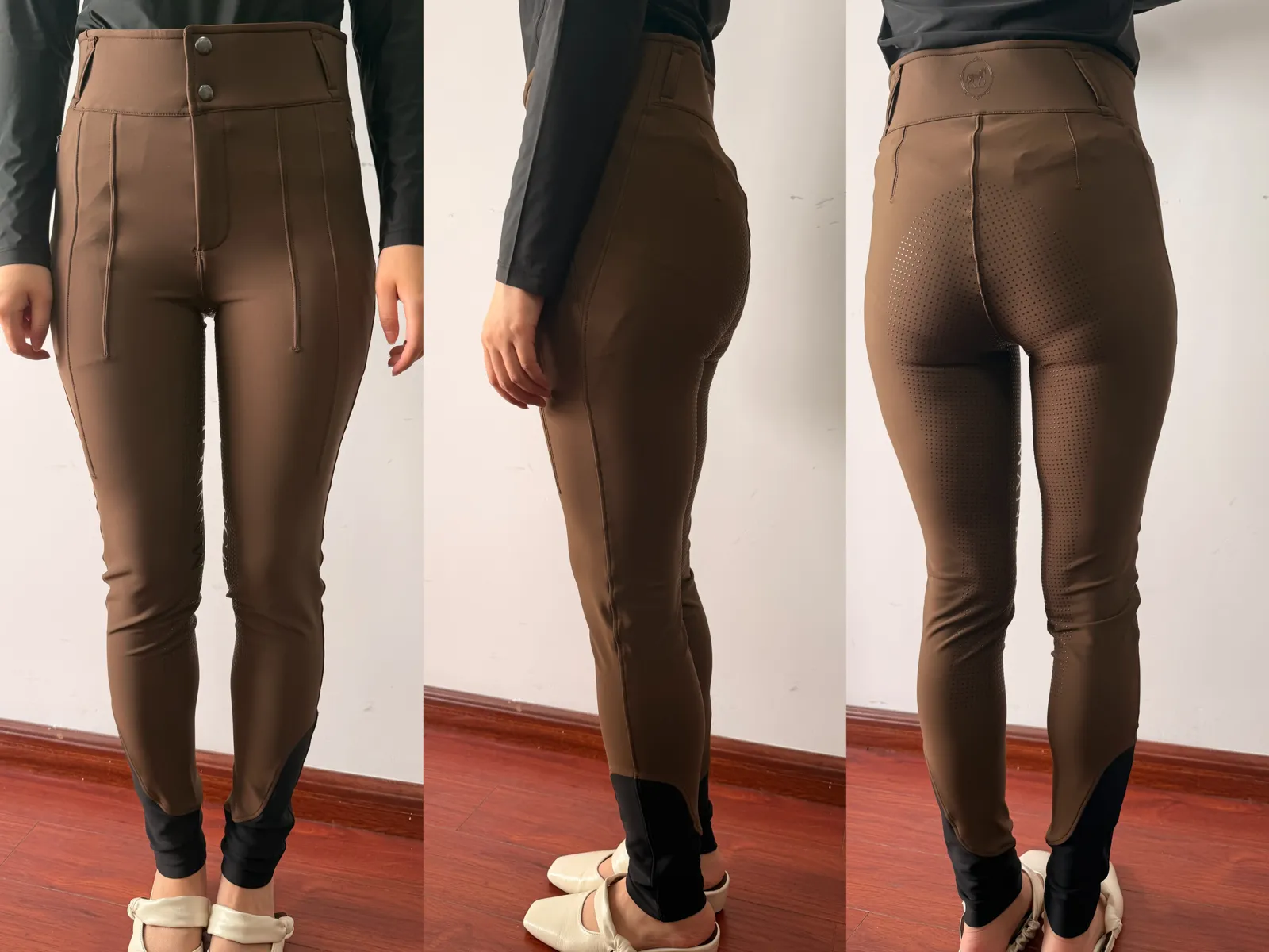 Photo réelle : pantalon d’équitation marron d’une commande client à l’essayage, de face, de profil et de dos